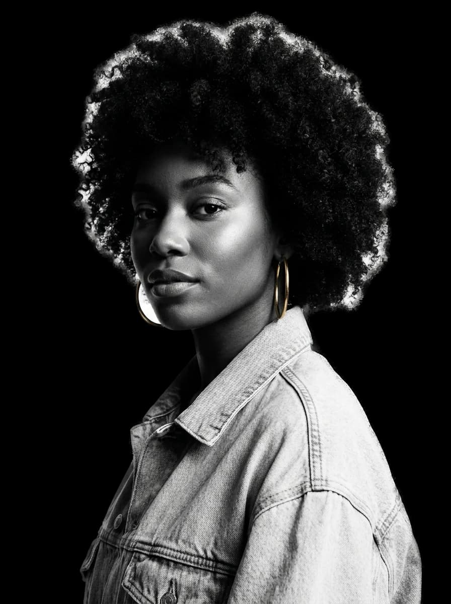Independent artist — afro, gold hoops, denim jacket