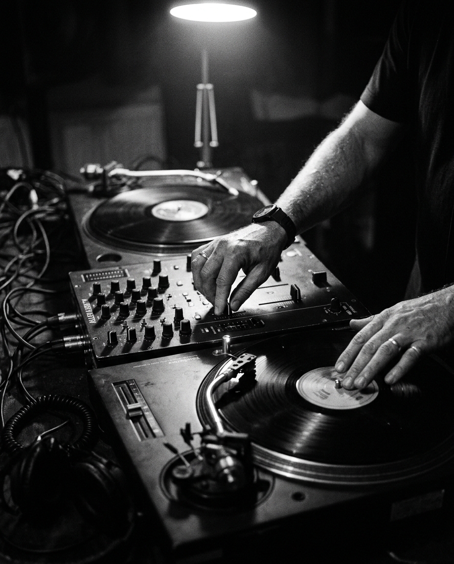Black-and-white editorial photograph of a DJ's hands on turntables, part of the culture DaPlug is built for