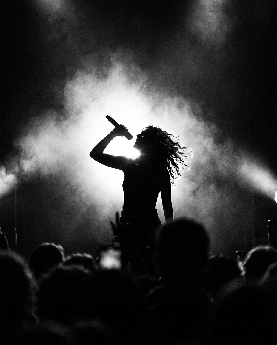 Black-and-white editorial photograph of an artist performing on stage, part of the culture DaPlug is built for