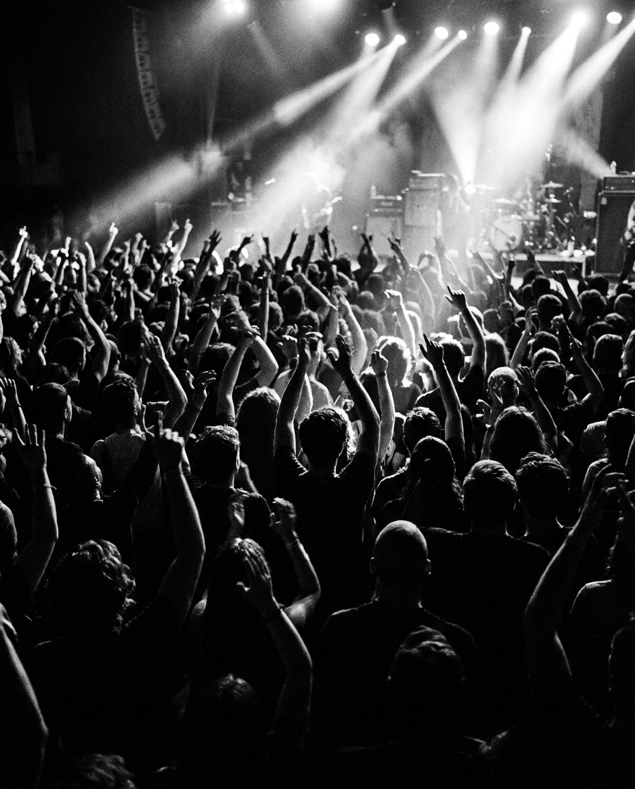 Black-and-white editorial photograph of a packed live-show crowd, part of the culture DaPlug is built for