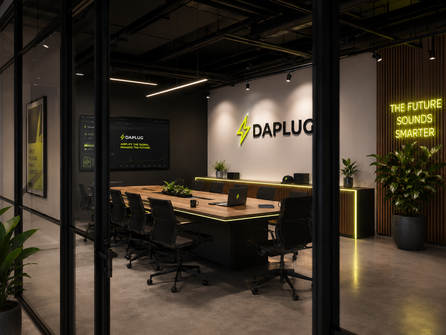 DaPlug boardroom with branded wall